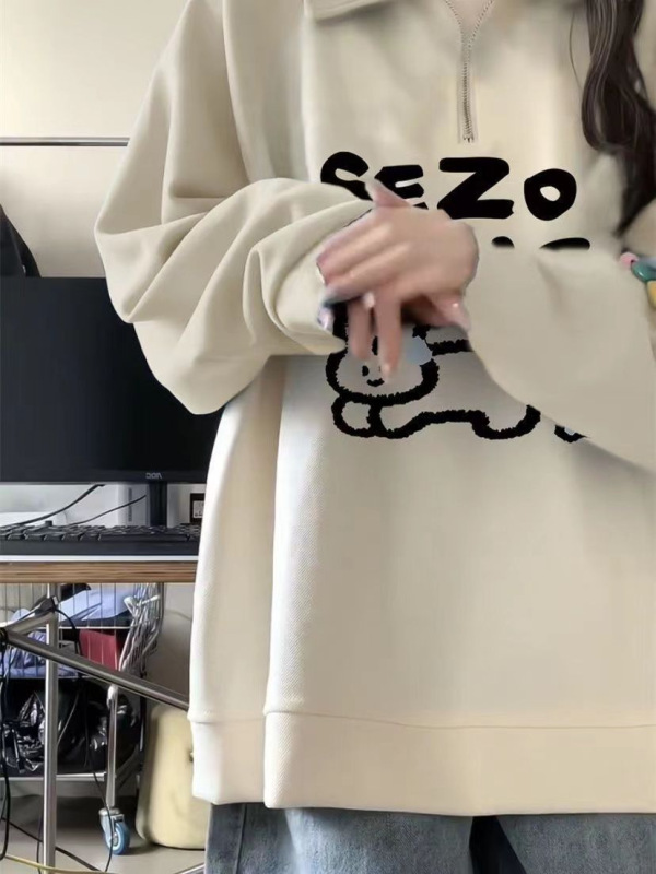 半拉链polo领!!!【韩系学院风】美式复古插肩袖卫衣女INS韩版上衣|undefined