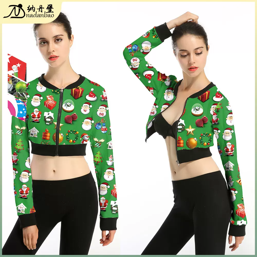 欧美女装秋冬季亚马逊速卖通欧美圣诞女装短装长袖卫衣开衫外套女