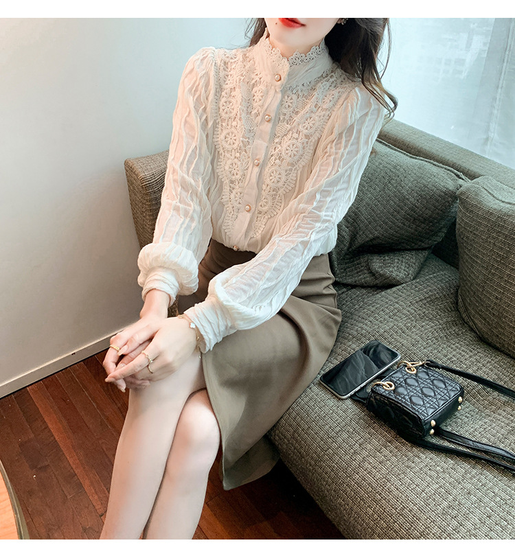 2022 Autumn/Winter new style fleece high-neck lace shirt chiffon shirt top, elegant base layer, fairy pic 17