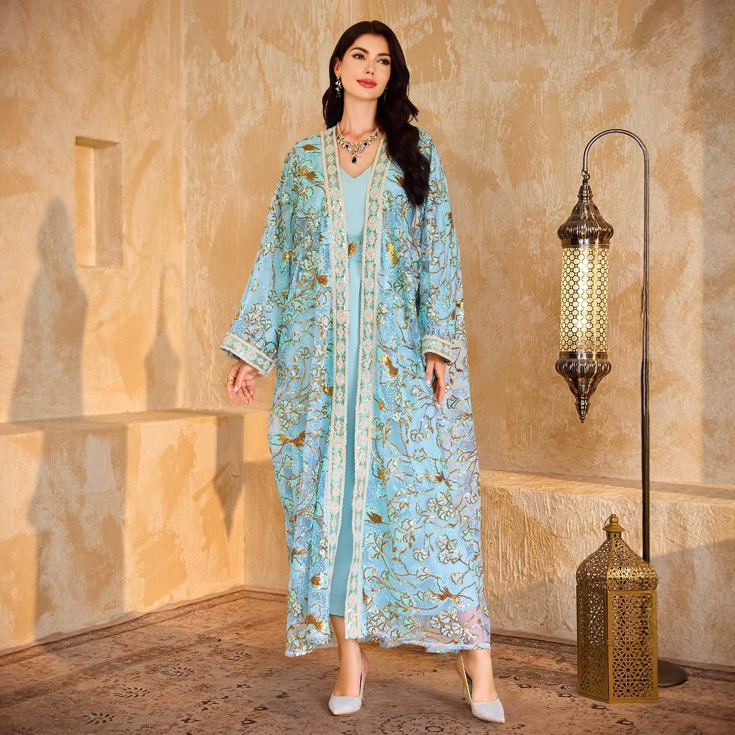 Новое золотое вышитое кружевное платье-абайя Entu 5003 с принтом, мусульманское, для трансграничной торговли, Дубай.