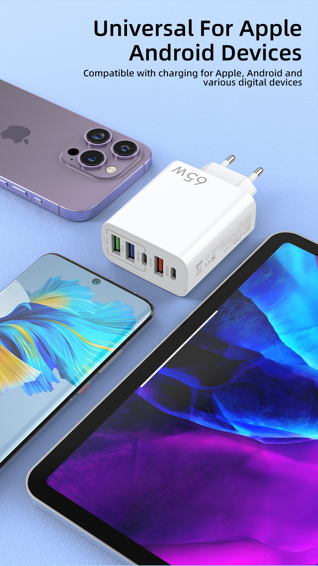 Multi-Handy-Ladegerät, schnell, 3 USB + 2 C, britischer Standard-Ladekopf mit fünf Anschlüssen, geeignet für Huawei und Apple_voghion.com
