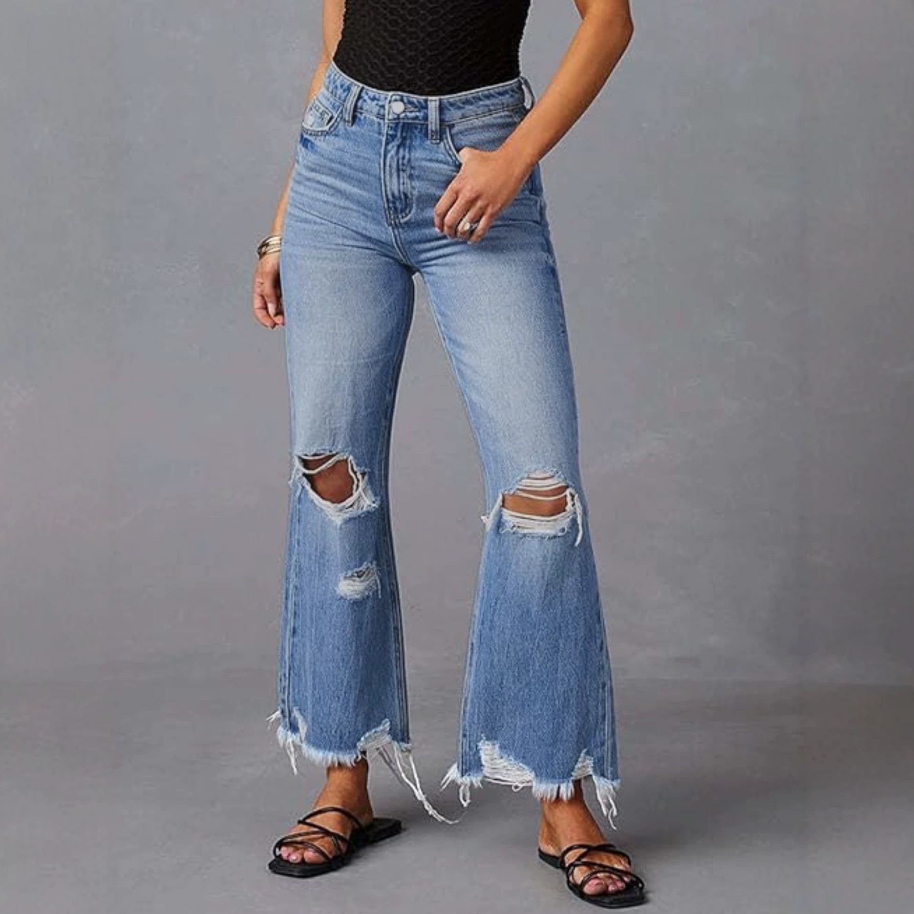 Jeans Rectos de Tiro Alto para Mujer de Mezclilla de Algodón, Con Roturas, para Uso Casual