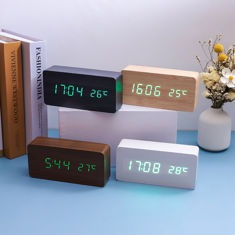 Creative Multifunctional Voice-Activated Wooden Clock Home Simple Wooden Clock Multifunctional Student Gift Electronic Clock
