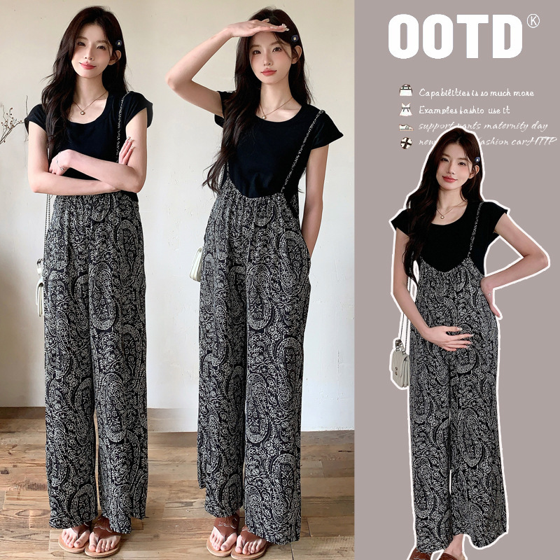 Maternity Wear Summer Cashew Flower One-Piece Suspender Pants Shoulder Straps Adjustable Plus Summer Versatile Black T-Shirt Maternity Wear