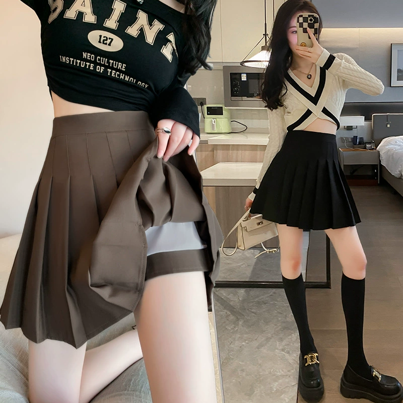 Новый хаки плиссированная юбка женская с высокой талией тонкая весна и лето 2025 супер пламя юбка юбка с внутренней вставкой jk