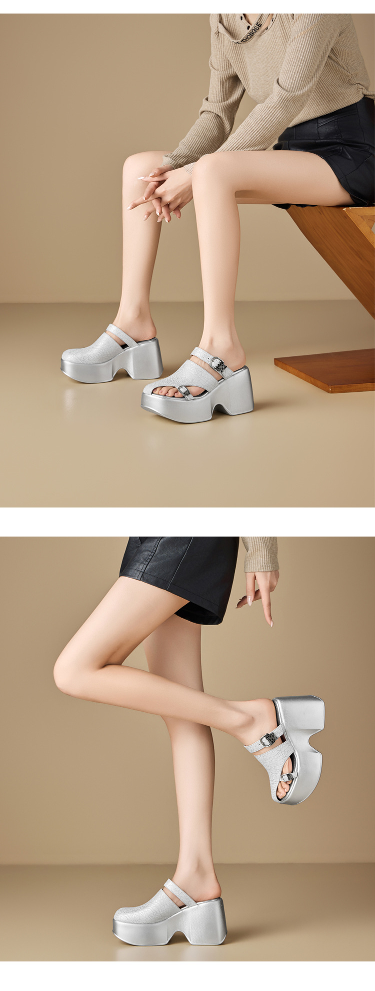 Sandal cao gót nữ đế xuồng platform 10 cm, mũi kín, quai ngang, dáng điệu nhẹ nhàng — màu đen, Vàng nhạt, bạc chi tiết 9