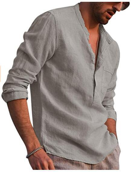 Herren Casual Hemd Mit V-ausschnitt Aus Baumwolle Und Leinen_voghion.com
