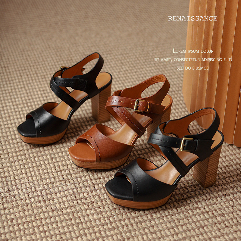 Sandal nữ mũi nhọn gót thô đế dày kiểu La Mã — Màu nâu chi tiết 2