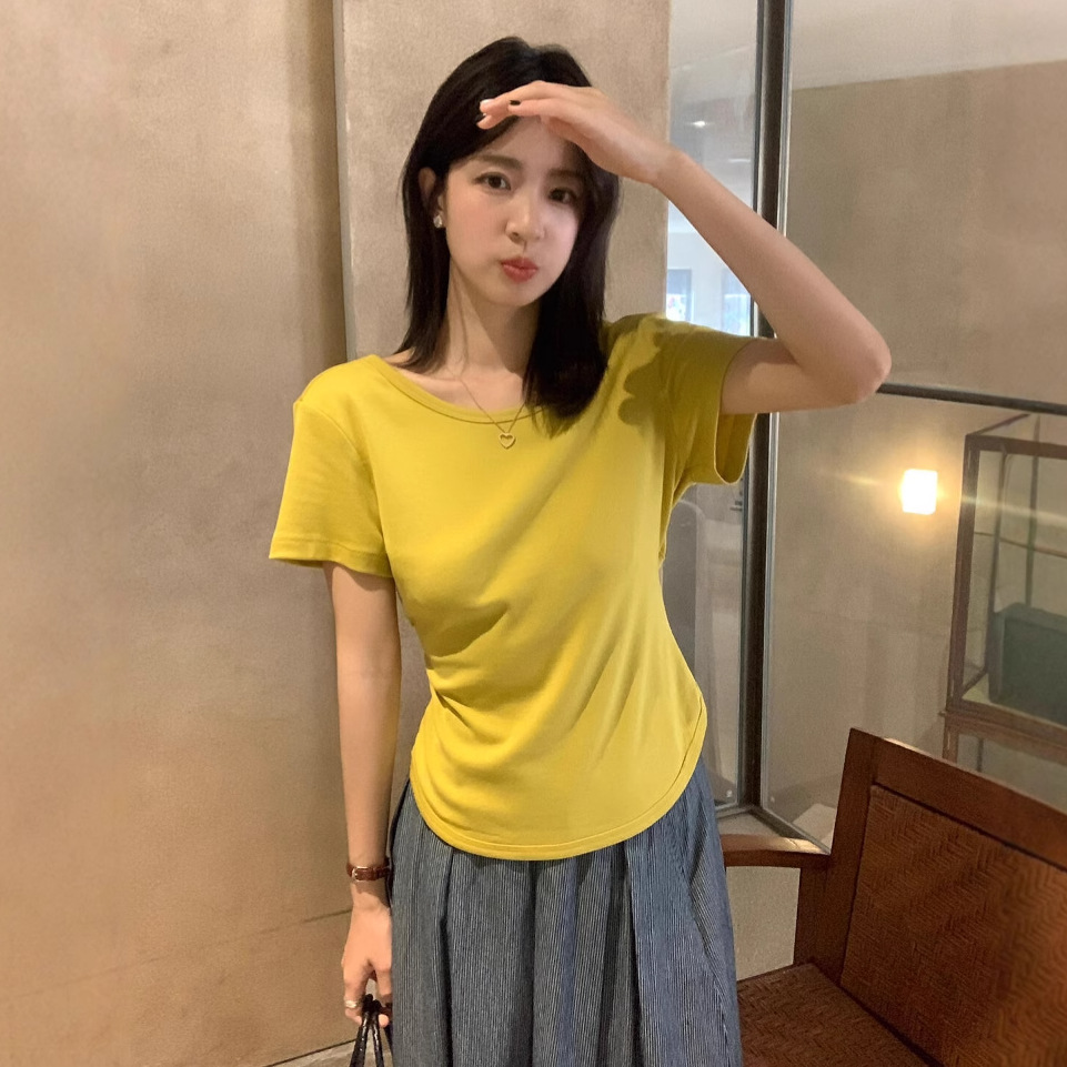 KITTIN estándar coreano! Diseño de cuello en U de verano sentido temperamento espalda cruz cintura delgada camiseta de manga corta mujer B3283 image 1