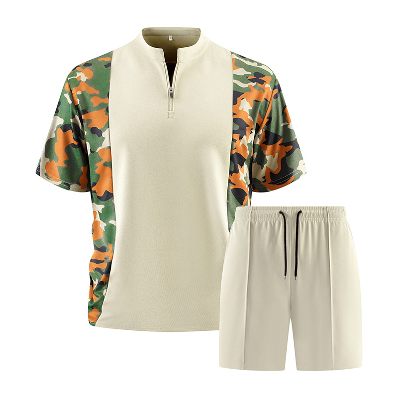 2026 Summer Cross-Border Plus Size Camouflage Patchwork Short-Sleeve and Shorts Set for Men - Sports Short-Sleeve T-Shirt and Shorts