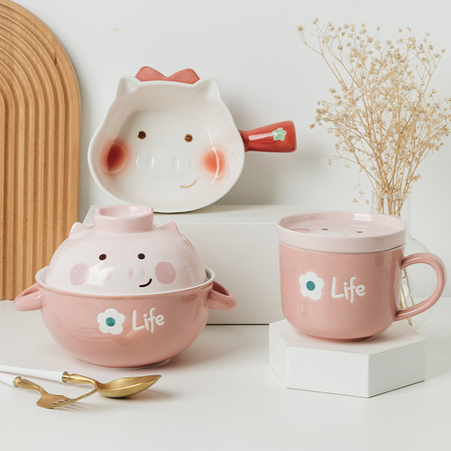 Cute style baking bowl household ceramic instant noodle bowl with handle ins style salad bowl internet celebrity tableware hand bowl