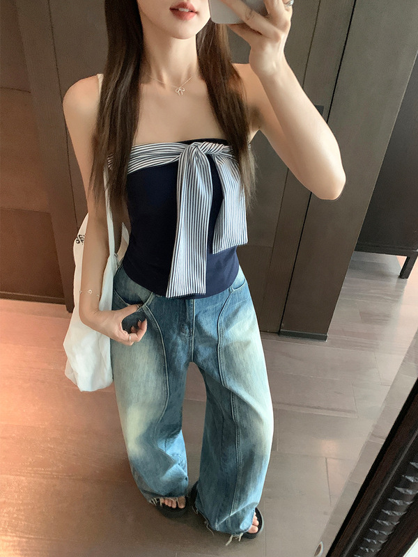复古条纹系带一字肩抹胸背心女2025夏季新款修身显瘦裹胸短款上衣|undefined
