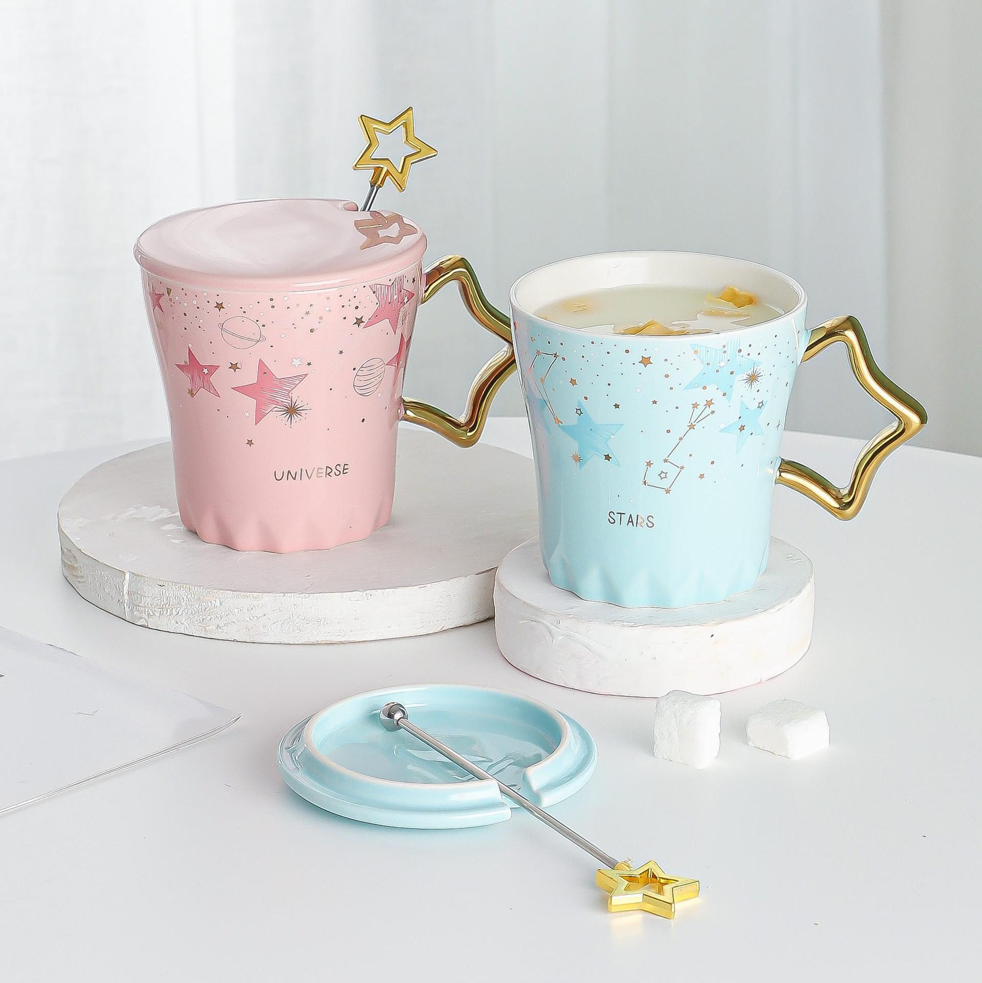 Five-pointed star ceramic cup star handle mug with lid spoon water…