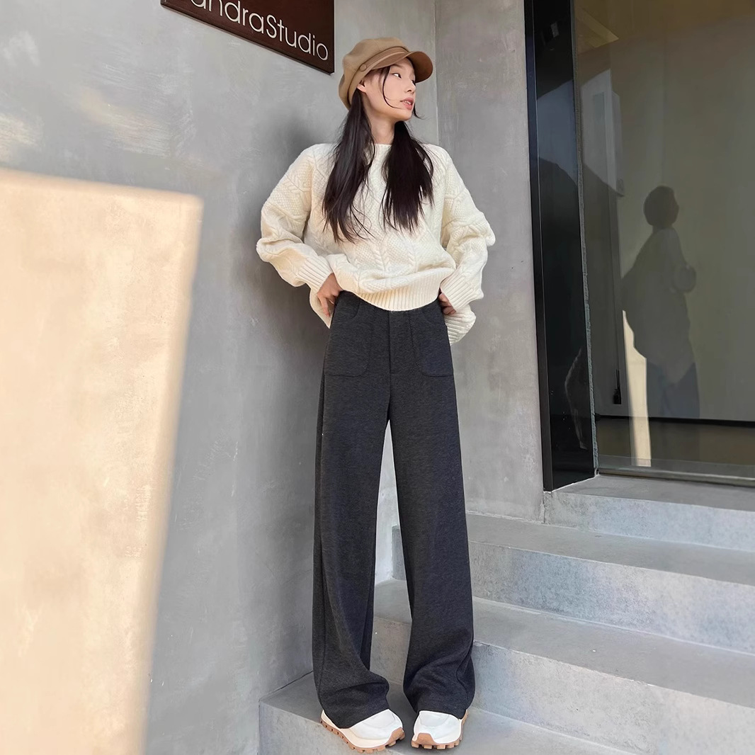 회색 좁은 넓은 다리 바지 여성용 기모 높은 허리 데프 고급 울 톨 세트 바지 캐주얼 스트레이트 바지 가을과 겨울