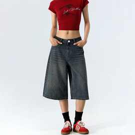 美式高街穿搭复古阔腿牛仔裤女2025夏季新款小个子设计感七分裤子
