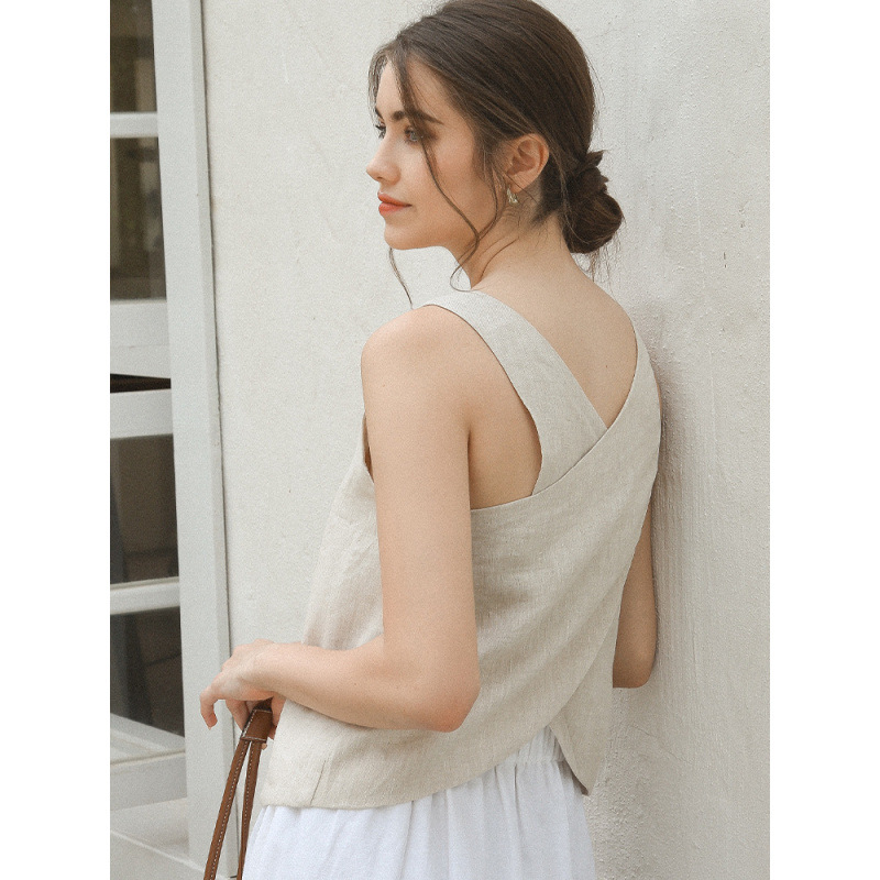 【Clearance Sale】Pure Linen Designer Tank Top with Beautiful Back, Versatile for Commuting, Slimming Sleeveless Top with Crossed Back Design