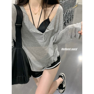 Pure lust style T-shirt women's summer gray thin sunscreen v-neck long-sleeved small blouse loose slimming mid-length top