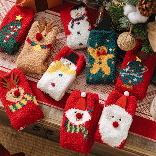 Christmas socks women's non-lint coral velvet socks thickened warm Christmas sleep socks cartoon half velvet floor socks