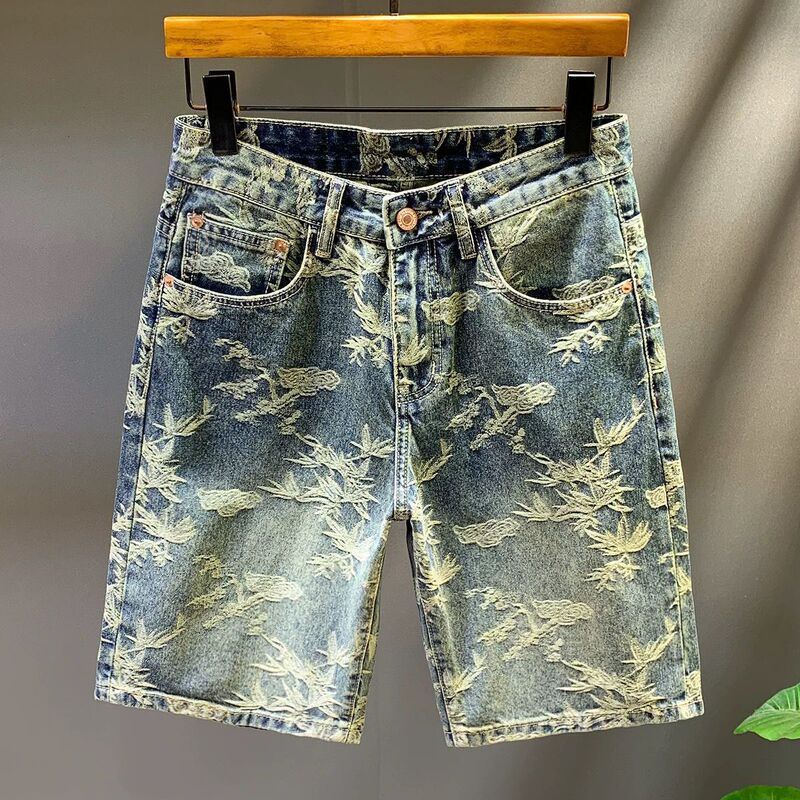 European High-End Summer Men's Denim Shorts Trendy Fashion Personality Striped Print Stylish Shorts