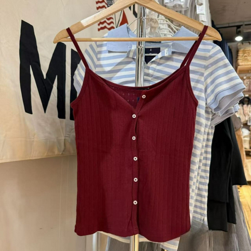 Bm Style Burgundy Eyelet Button Vest Camisole for Women, Slim Fit, Short, Beautiful Versatile Base Top