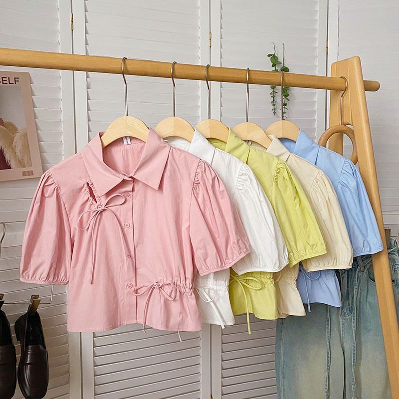 Puff Sleeve Short Shirt Women's Summer 2023 New Korean Style Caution Machine Design Hollow Strap Slim Top