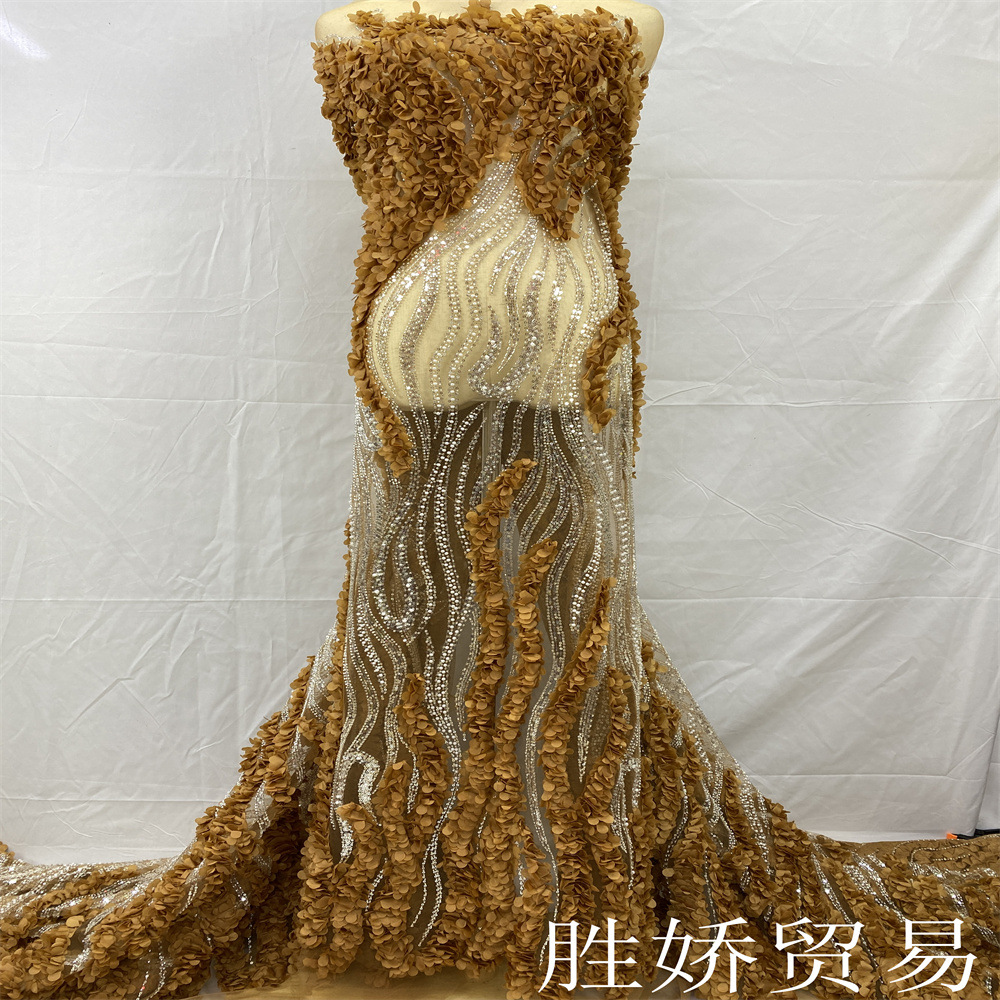 法式婚纱刺绣亮片串珠花边面料 bridal 3d flower lace fabric