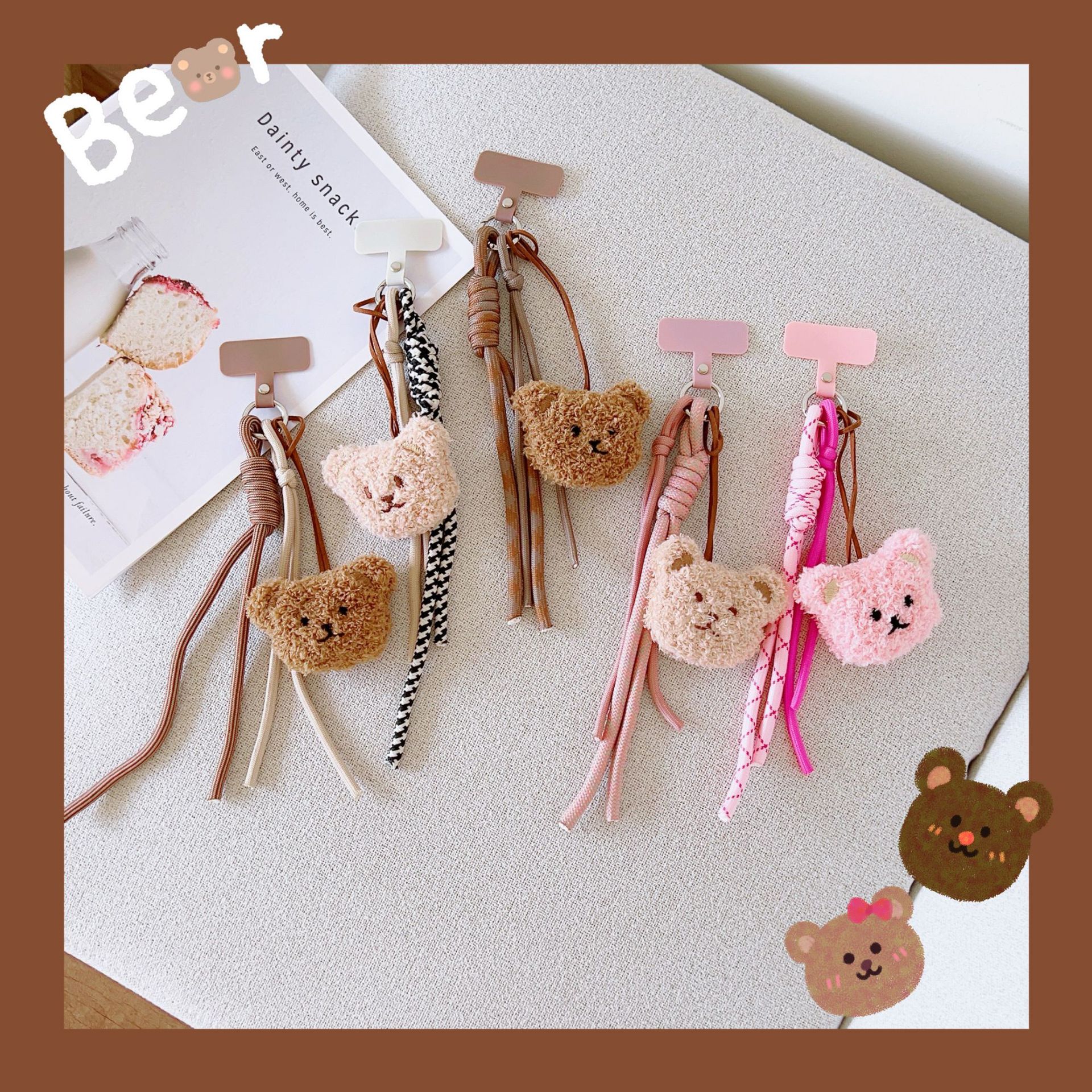 创意彩色手机挂绳 双边短绳钥匙绳 毛绒小熊卡通公仔手机挂件批发