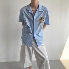 天蓝色椰子树手工刺绣短袖衬衫男款夏威夷度假穿搭慵懒风休闲衬衣