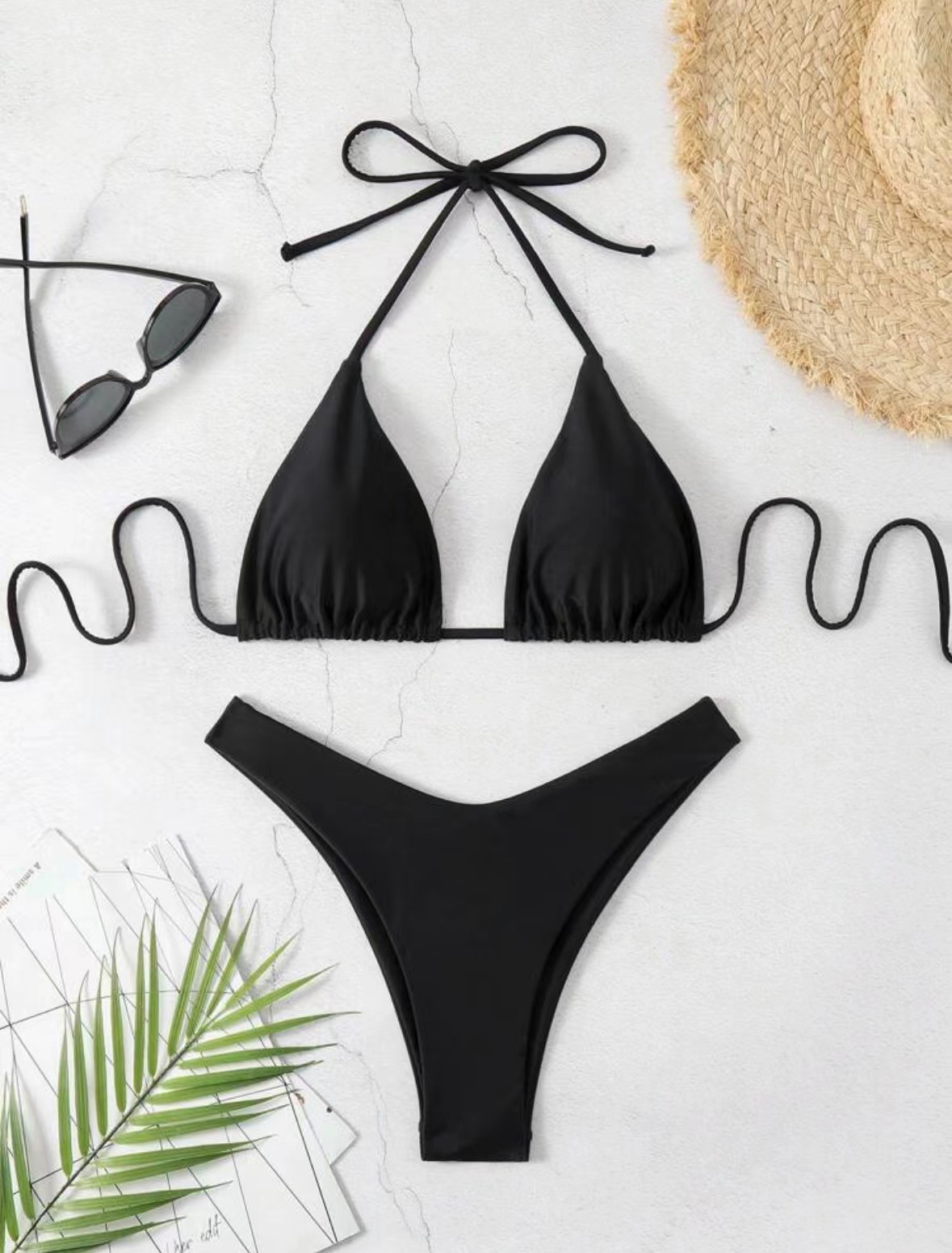 Women's Clothing Tie Up Bikini Swimsuit Solid Color Two Piece Sexy Women's Clothing Swimwear_ecoleips.com