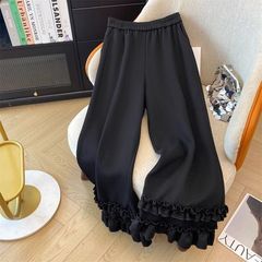 大きいサイズの人気レースパンツ春夏新作ワイドレッグパンツ小柄な人向け黒ゆったり耳付きワイドレッグ9点パンツ