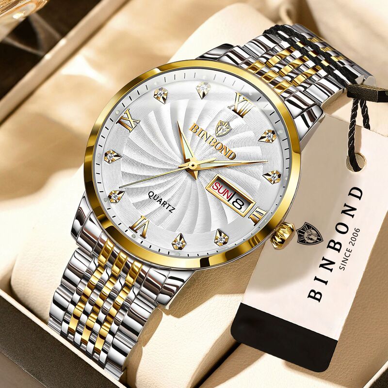 Fashion New quartz watch steel band Double calendar men's watch waterproof luminous explosion domineering automatic watch