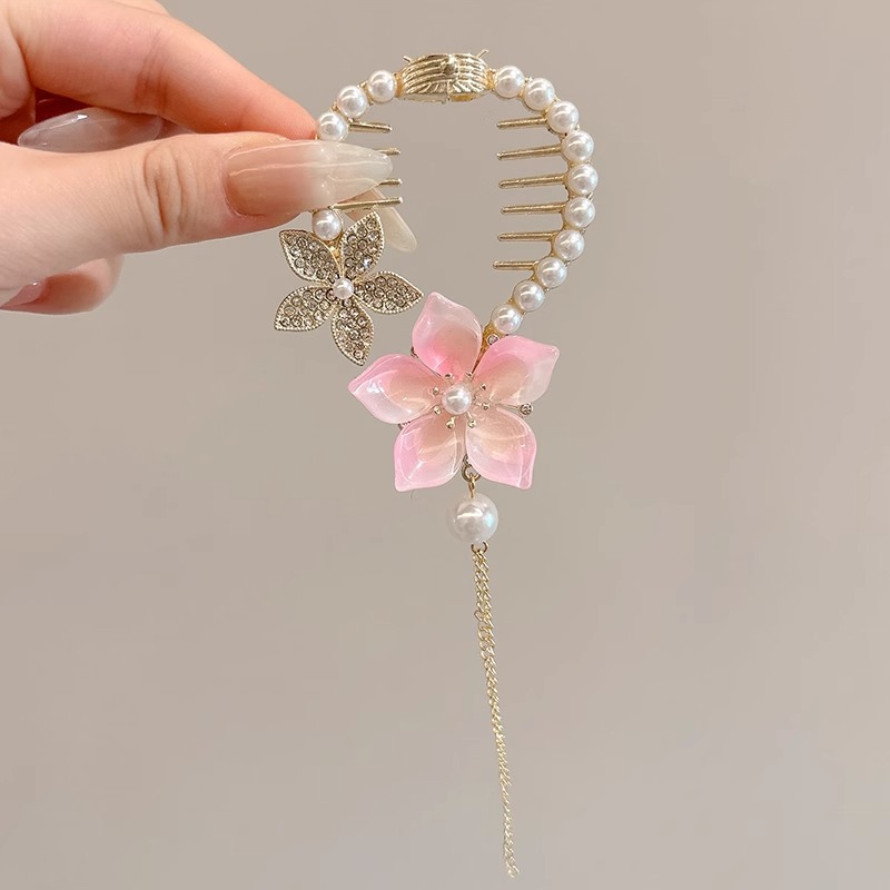 Nuevo estilo chino mariposa botón de cabello para mujeres de alta calidad flores de perla clips de cola de caballo lujoso clips de agarre de cabeza posterior falda de caballo adornamiento para el cabello