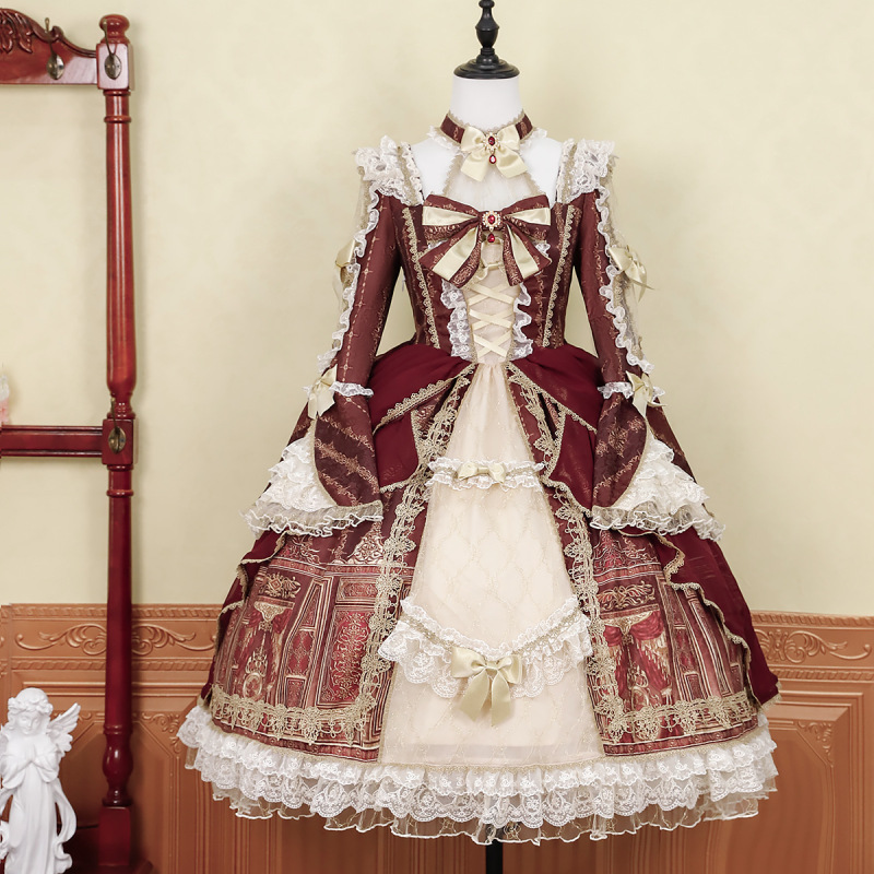 オリジナルバロック宮殿ロリータ長袖ワンピース日常かわいいLolita甘いスカート6915|undefined
