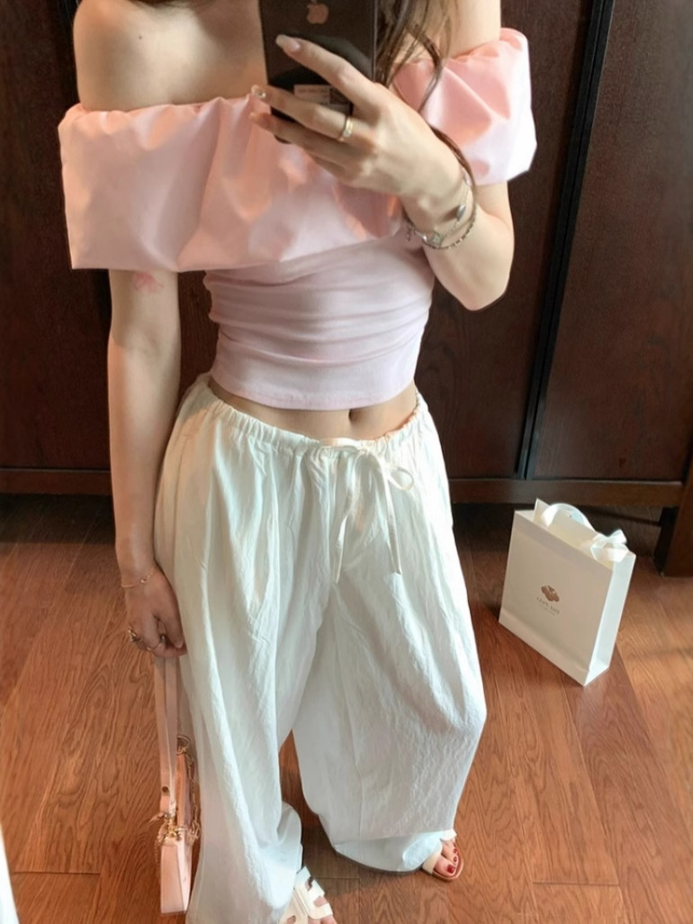 Chao recomienda ~ textura simple pantalones casuales de correa azul temperamento delgado suelto pantalones de piernas largas de primavera