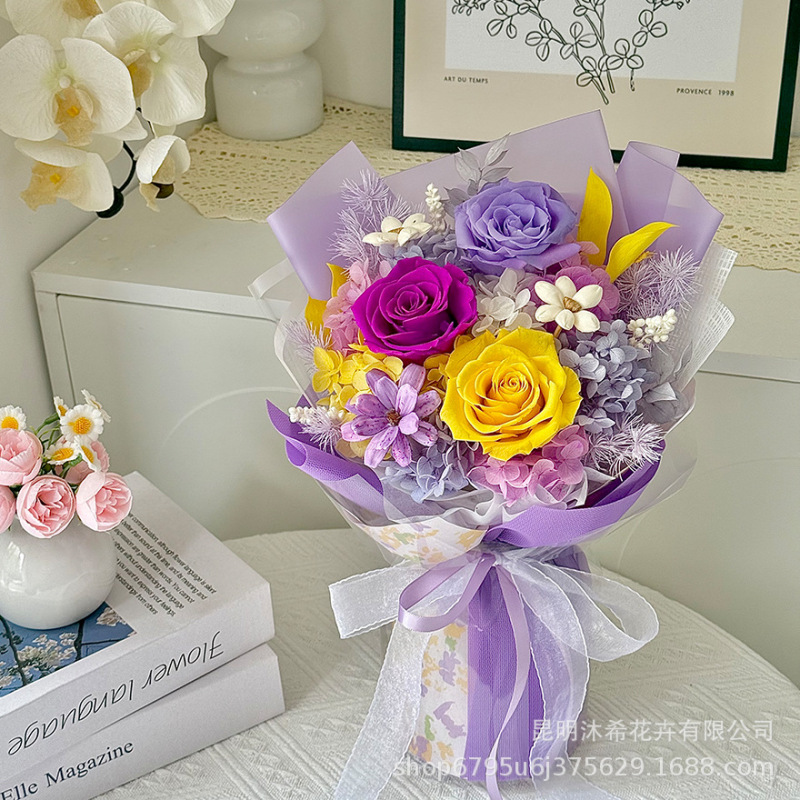 跨境亚马逊教师节情人节圣诞节礼物真花混搭云南永生花花束高级感|undefined