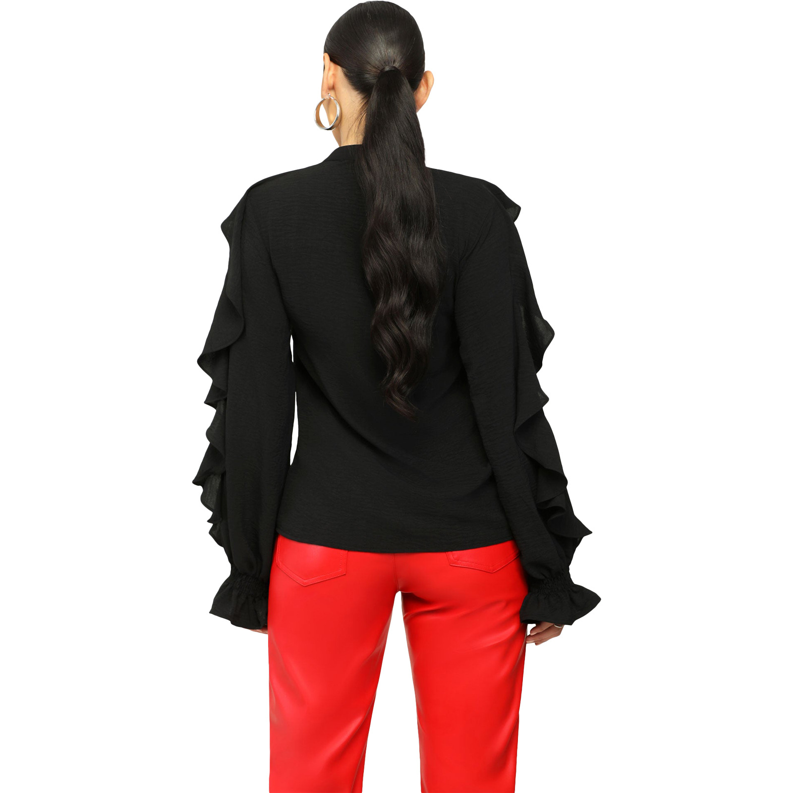 Einfarbiges Pendlerhemd mit Rüschen und unregelmäßigem Revers für Damen_voghion.com