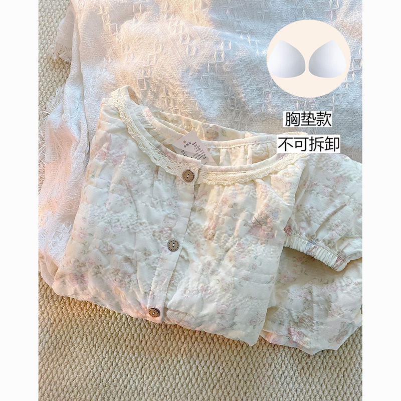 【Fixed Chest Pad】Pure Cotton Gauze Spring/Autumn Round Neck Pajamas for Women with Lace Trim, Long Sleeve Homewear, Two-Piece Set, Can Be Worn Outside 【Fixed Chest Pad】Pure Cotton Gauze Spring/Autumn Round Neck Pajamas for Women with Lace Trim, Long Sleeve Homewear, Two-Piece Set, Can Be Worn Outside