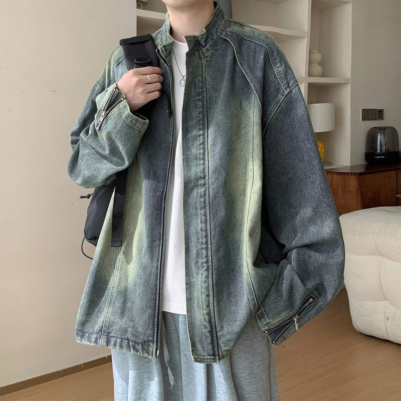 Cross-Border Deconstructed Gradient Denim Jacket for Men, Spring and Autumn Trendy American Style, Water-Washed, Loose Fit, Youthful, Stylish Casual Jacket