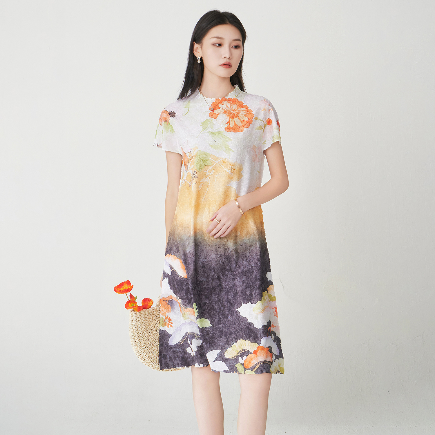 三宅裙子女夏连衣裙高品质名牌女装印花宽松遮肉时尚百搭中长裙子