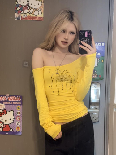 American retro slanted shoulder iron copper beaded long-sleeved T-shirt women autumn sweet cool hot girl y2k slim slimming all-match top