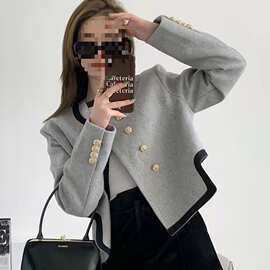 灰色不规则小香风外套女2025春季新款法式感短款毛呢西装上衣