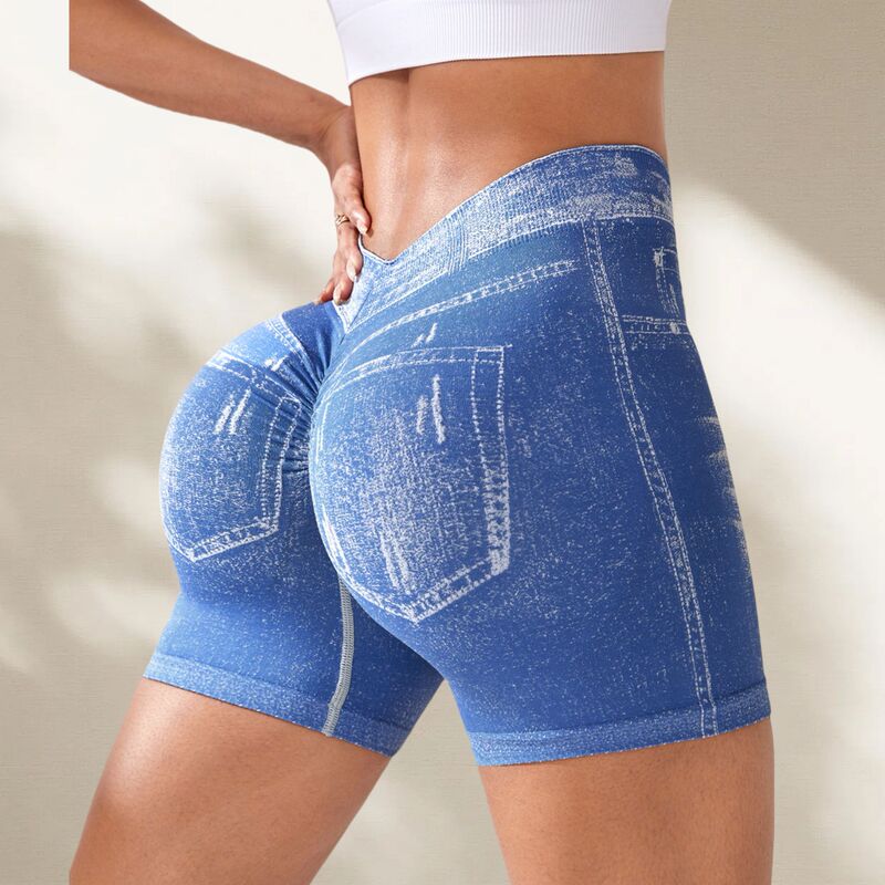 European and American Imitation Denim Seamless Yoga Shorts for Women, V-Waist, Hip-Lifting, Quick-Drying, Tight-Fitting Running Sports Fitness Shorts