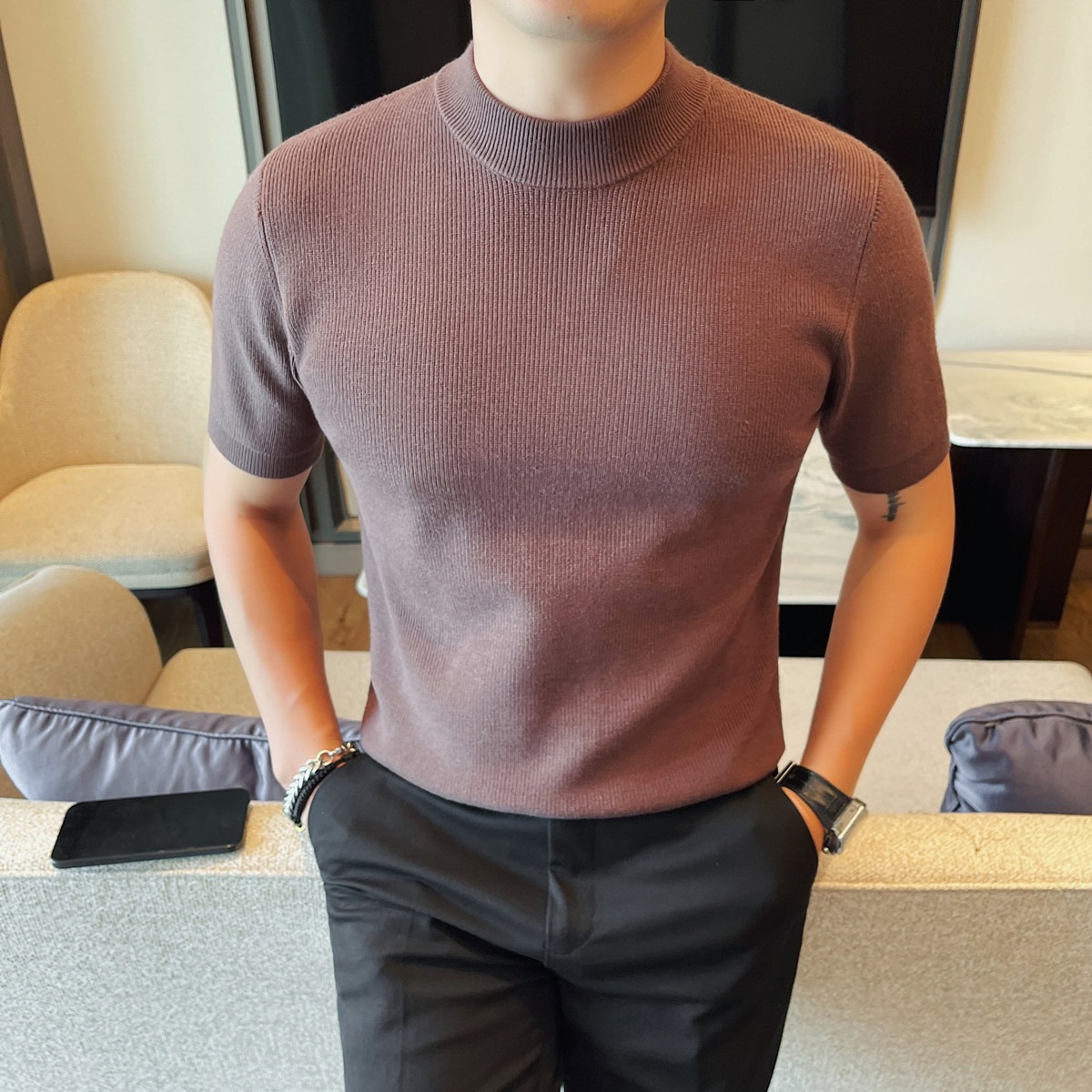 Autumn and Winter Men's Knitted Bottoming Shirt Thick Knitted Short-Sleeved Sweater Half Turtleneck Pure Color Versatile Mid-Sleeve Sweater