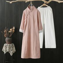 棉麻新款改良旗袍七分袖禅意连衣裙女复古茶服春秋季提花盘扣套装