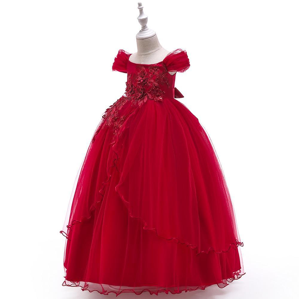Nueva ropa infantil: vestido largo de princesa con un solo hombro, vestido largo de flores de hadas, vestido esponjoso para espectáculos.