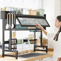 台所の水槽の物置棚の台の上の碗の皿の池の食器棚の多機能の防塵は箱の扉の食器棚を持って排水棚を収納します。