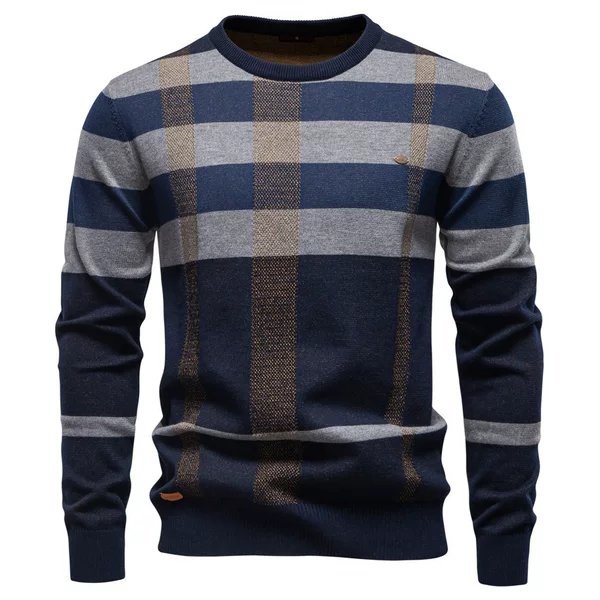 European Size Autumn and Winter 2025 Sweater Fashion Men's Sweater Business Casual Plaid Trend New Round Neck Cross-Border Men