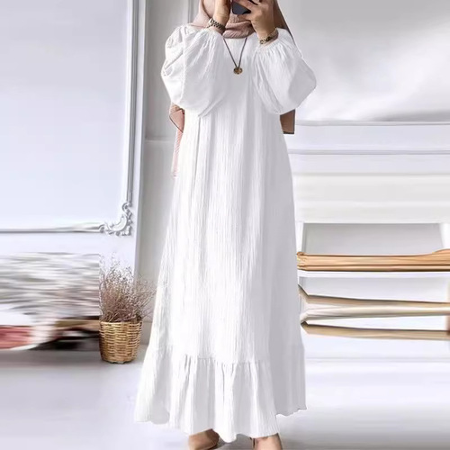 2024 Muslim Women's Long Robe Spring and Autumn New Fashion Bubble Sleeve Retro Pocket Lotus Edge Dress