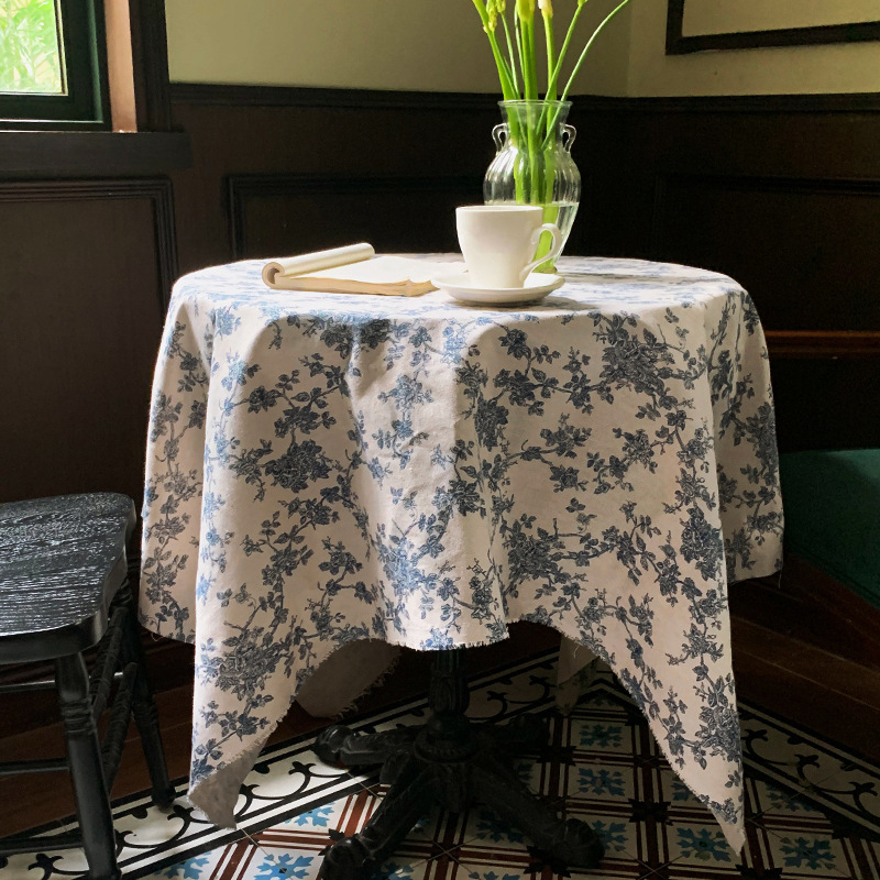 Blue and White Tablecloth Raw Edge Retro Floral French Photography Background Cloth Picnic Cloth Ins Style Literary Cotton and Linen Coffee Table Cloth