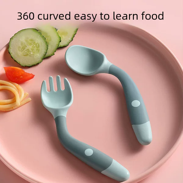 Children's Learning-To-Eat Training Utensils, Twistable Fork and Spoon for 6-Month-Old Infants, Baby Bendable Spoon